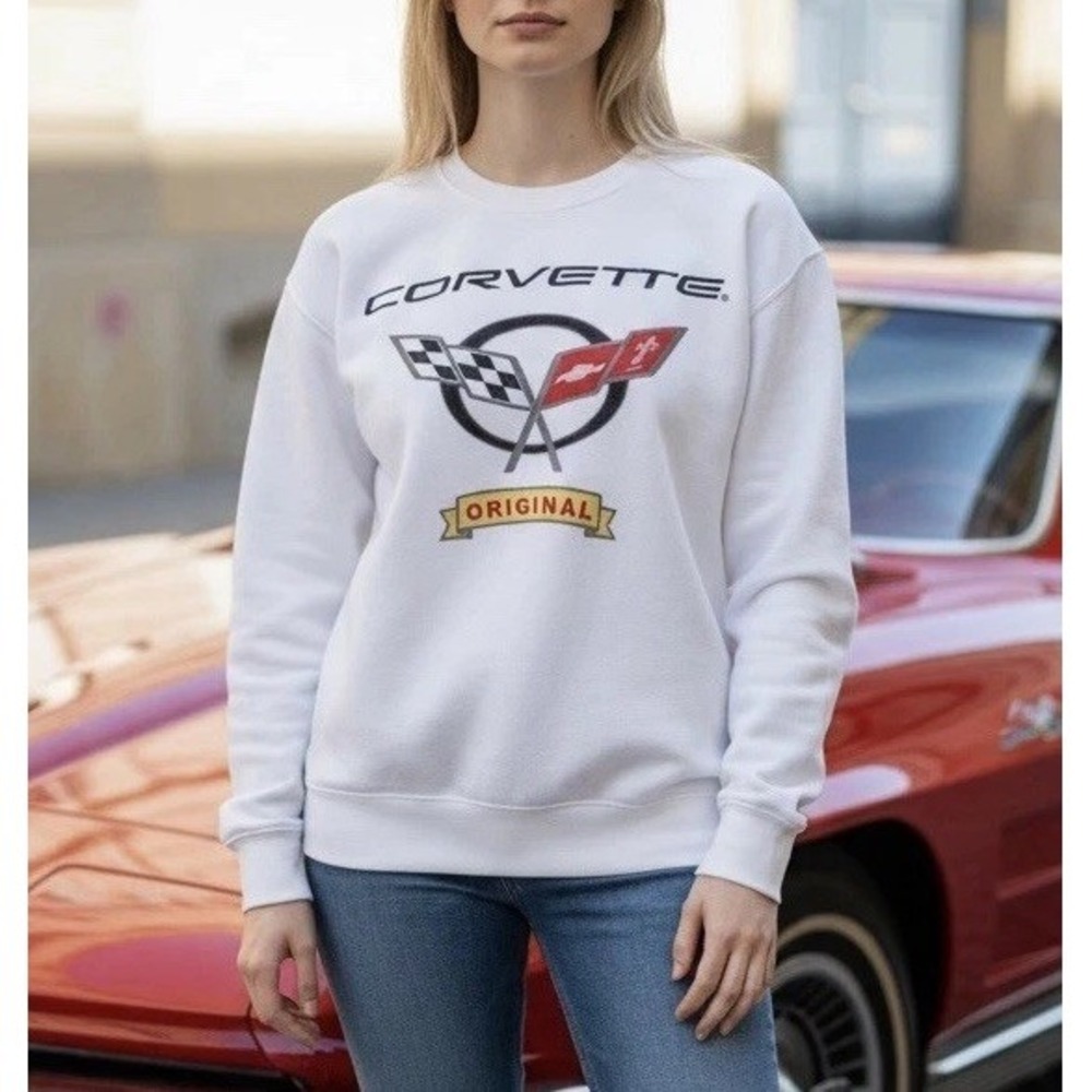 GM Official Corvette Crew Neck White Sweater L‎ Fleece